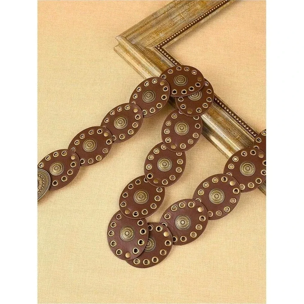 Womens Boho Brown Leather Wide Circle Disc‎ Studded Belt Antique Gold Buckle